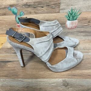 J. crew women’s suede leather peep toe heels stiletto beige neutral size 6.5 4”